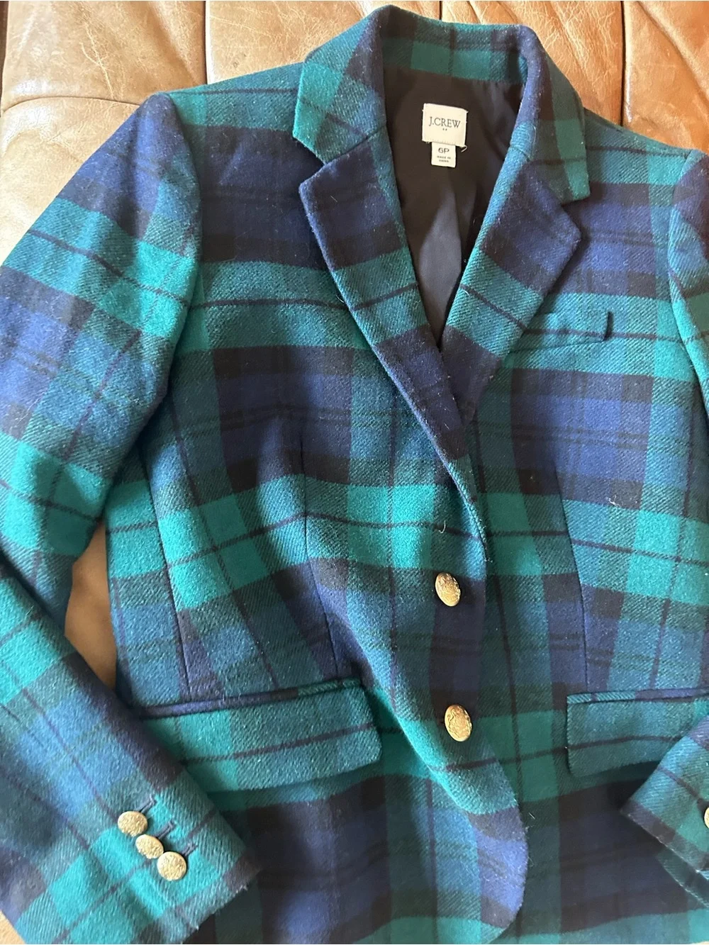 J. Crew equestrian Polo Blue Plaid Double-Breasted suit Blazer gold buttons S 6